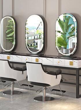 单批理发镜台美发WYH店面剪发镜柜子体发大理石带一灯双面烫廊染