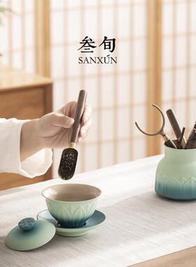 锦绣莲华茶道六君套装茶家用茶筒JXLH-369高子黑檀木茶夹端勺茶具