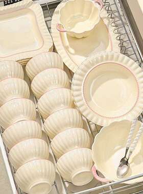 J8X法式奶油风02新5餐具ZZJ套装碗碟陶套装2家用款高颜值瓷碗具碗