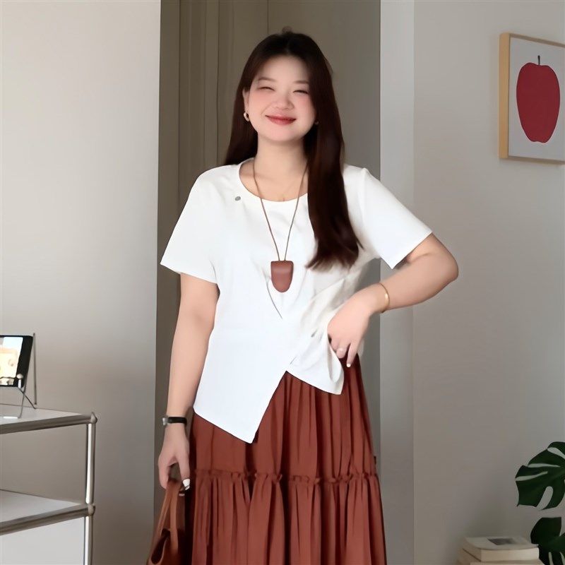 微胖的喵喵 大码女装胖mm夏季设计感显瘦圆领正肩短S袖T恤上衣321