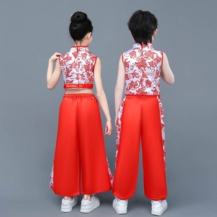 非遗儿童安塞腰鼓服红色陕北民族服装男女西北Q民歌学生小孩演出