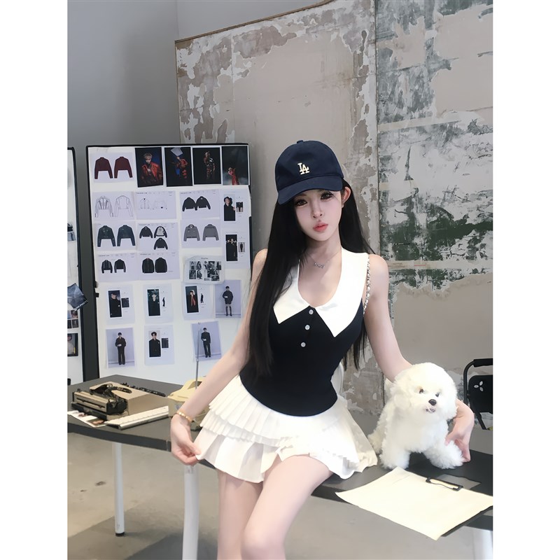 项天鹅er 学院风纯欲套装女202D5夏季无袖背心上衣百褶裙两件套