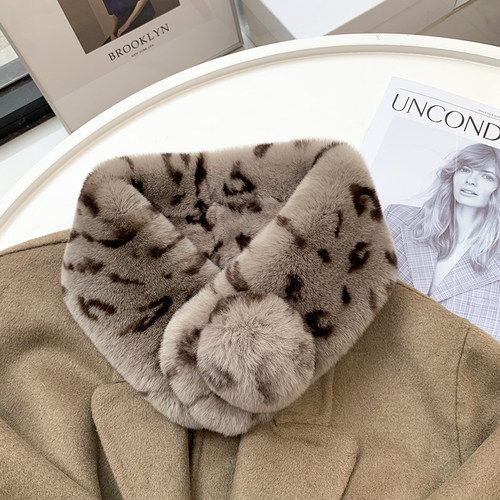 冬季双面加厚整皮獭兔毛围巾 麋C鹿豹纹獭兔毛吸扣皮草围巾围脖女