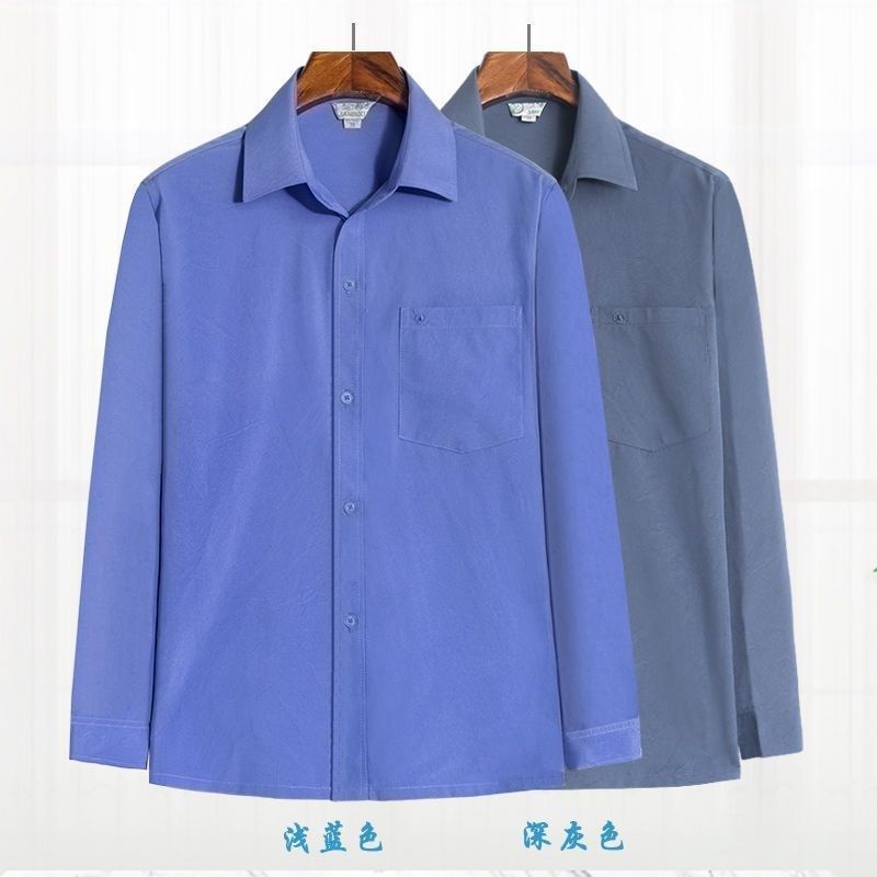 中老年男士长袖衬衫休闲薄款中老年J人内衬衣爸爸装纯色衣服