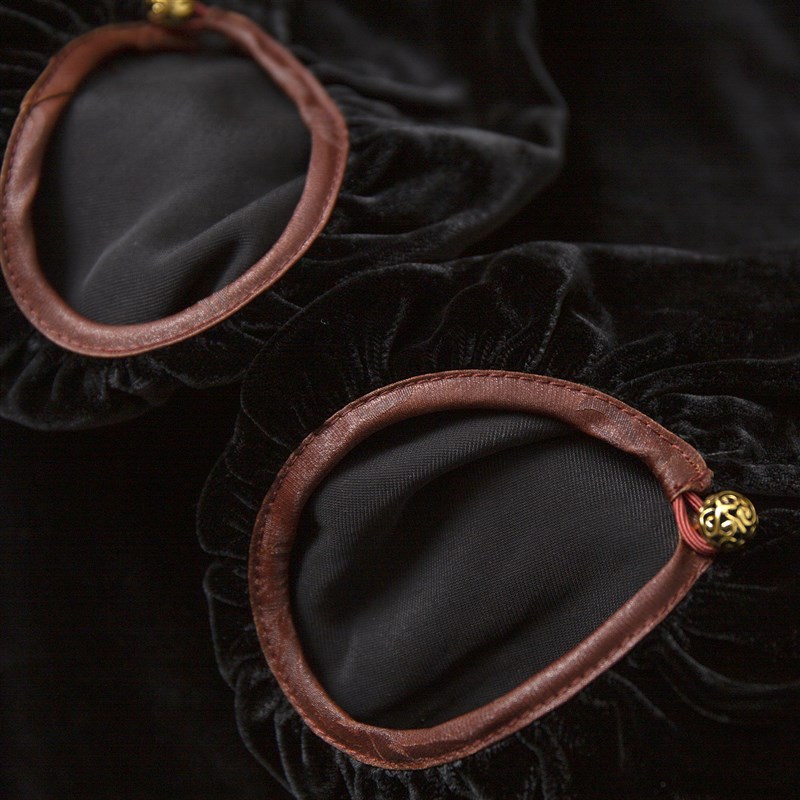 丝艺 香云纱拼接丝绒p真丝上衣女100%桑蚕丝圆领宽松灯笼袖小衫秋