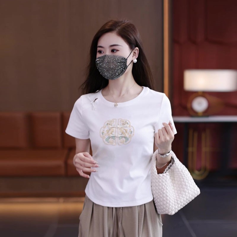 新中式国风女士短袖t恤2025新A款夏季小个子短款收腰刺绣紫色上衣