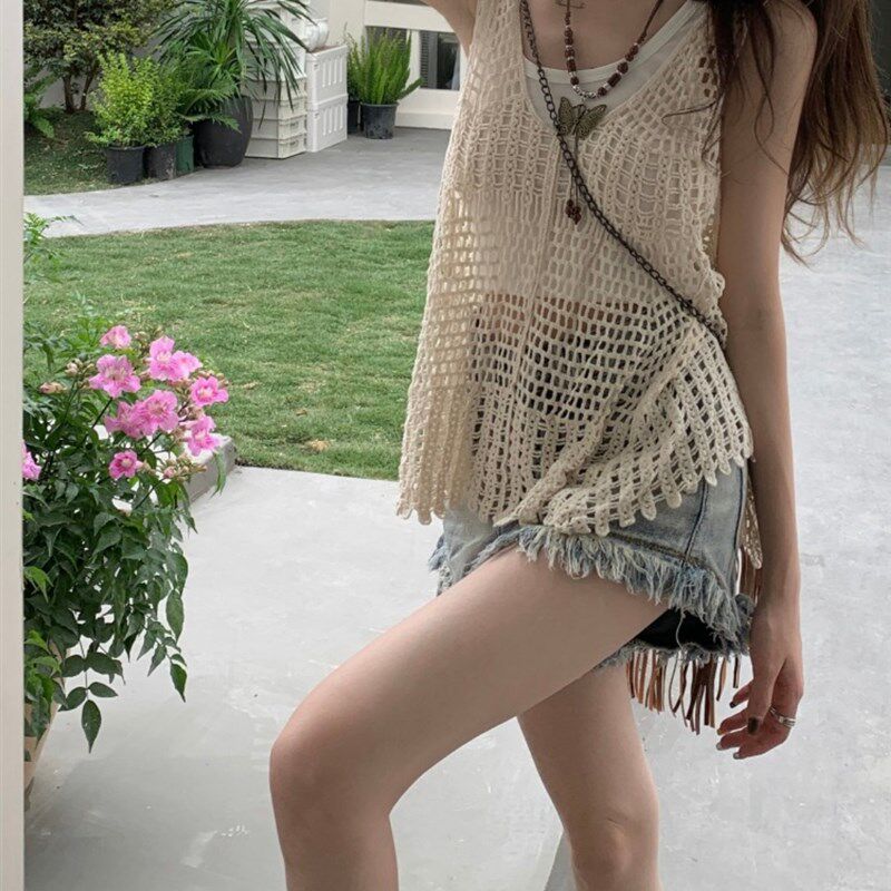 镂空针织罩衫吊带背心女夏宽松外搭时尚覆古波Q西米亚短款无袖上