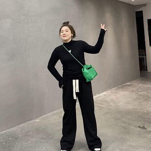 女2021年秋冬200C斤胖妹妹mm高腰宽松加厚加绒拖地裤 特大码 阔腿裤