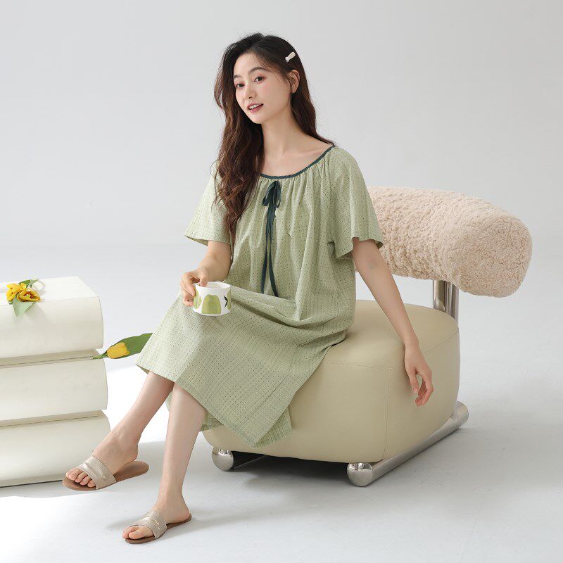 梭织纱布睡裙女士夏季薄款短袖中睡裙