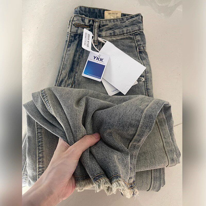 胖mm大码女装美式复古水洗做旧牛仔裤女J夏季新款宽松显瘦阔腿裤