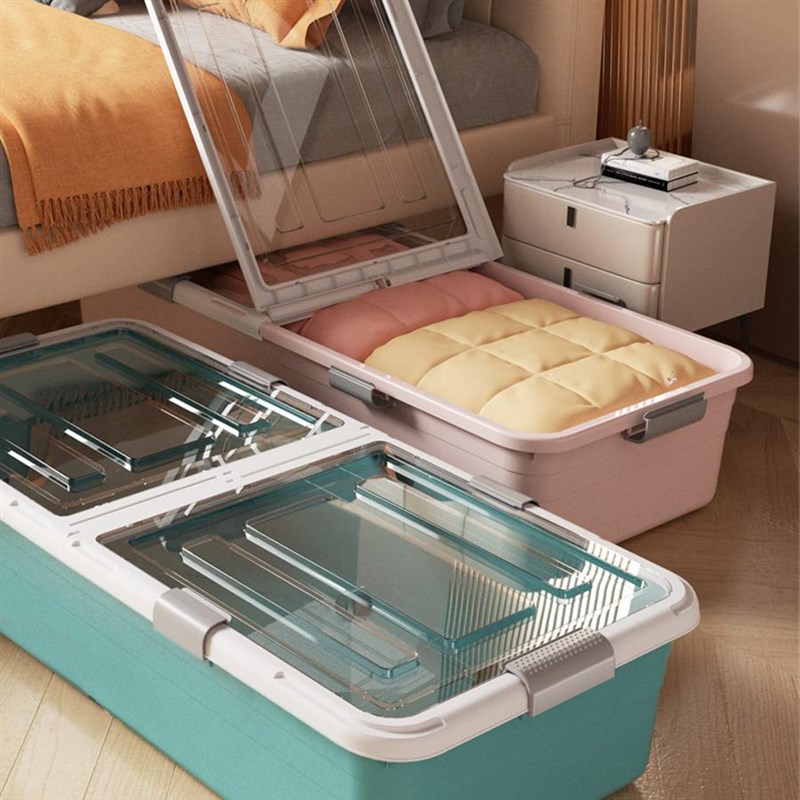 家用扁平床底收纳箱带轮抽屉式衣C服被子透明床下收纳盒整理储物