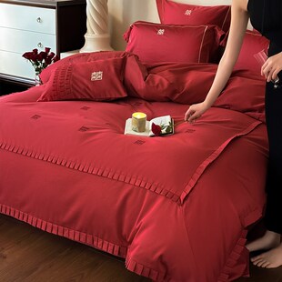 婚庆轻奢100S长绒棉r四件套全棉喜字刺绣红色纯棉结婚被套床单床