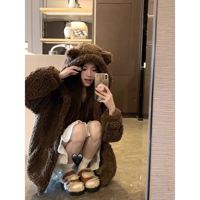 羊羔毛多巴胺连帽外套女秋冬加绒加厚熊耳朵可爱开V衫毛绒绒卫衣