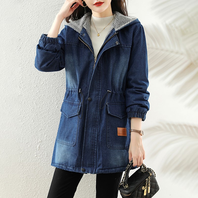 宽松大码棉服防风牛仔外套女2024冬G季新款中长加绒加厚羊羔毛棉