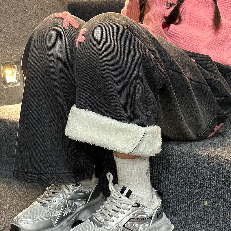 女童加绒裤子冬季牛仔裤2024新C款女孩加厚黑色窄版直筒裤儿童冬