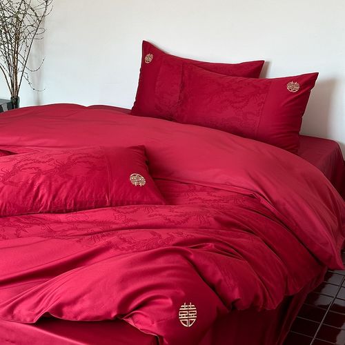 龙凤呈祥中式高级婚庆100s全棉四件套纯棉提花被套床单Z结婚六件