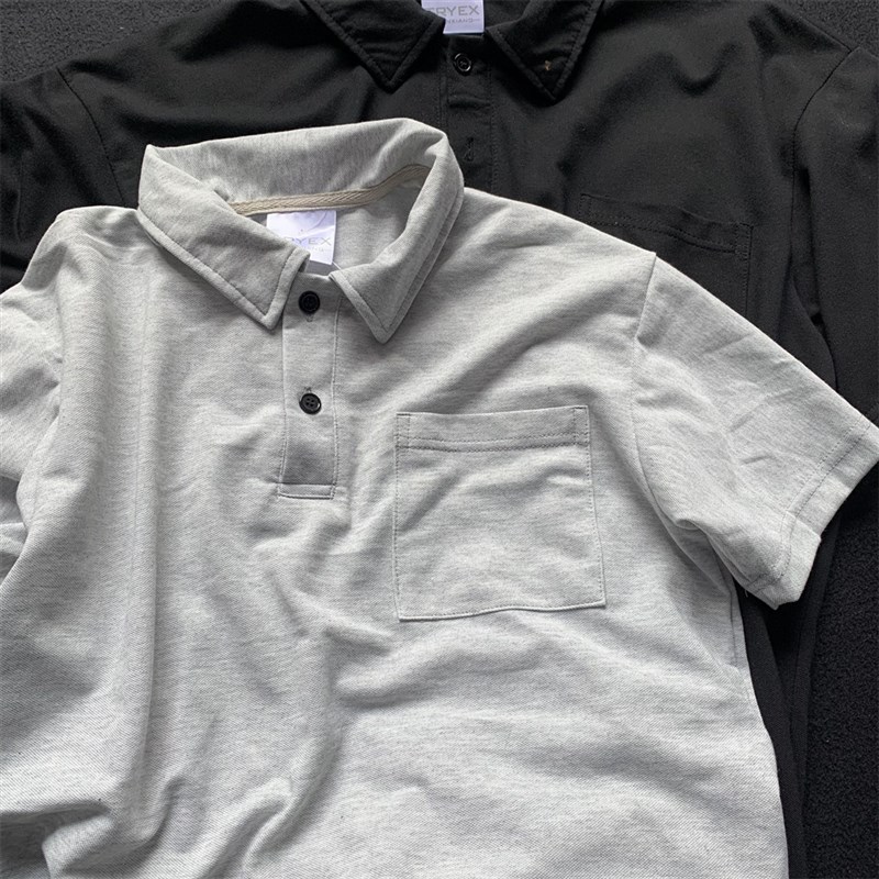 夏季纯棉简约polo衫男宽松灰色口袋短袖t恤女翻领休W闲纯色袋子T