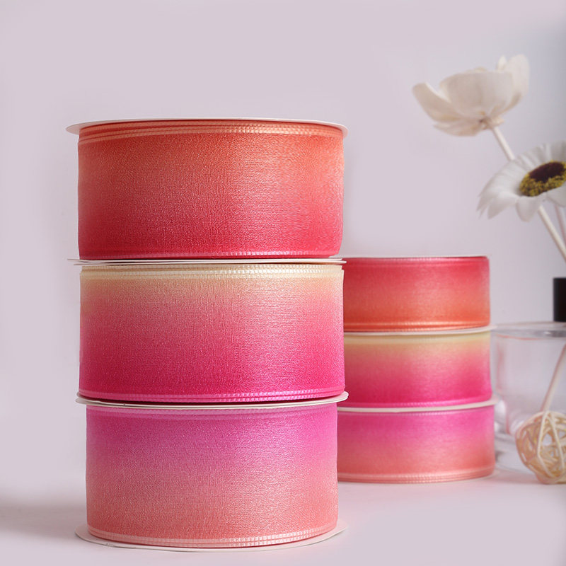 2.5彩虹渐变双色l雪纱丝带diy手工材料蝴蝶结蛋糕包装装饰花束彩