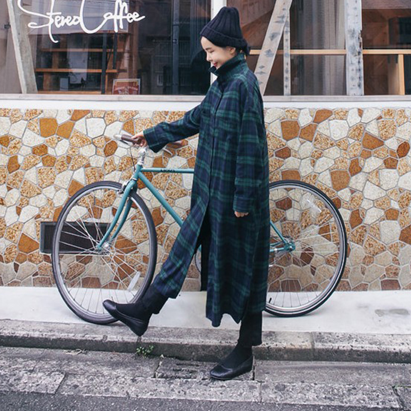 春秋新款百搭过膝格子衬衫女韩版宽C松显瘦中长款bf学生开叉薄外