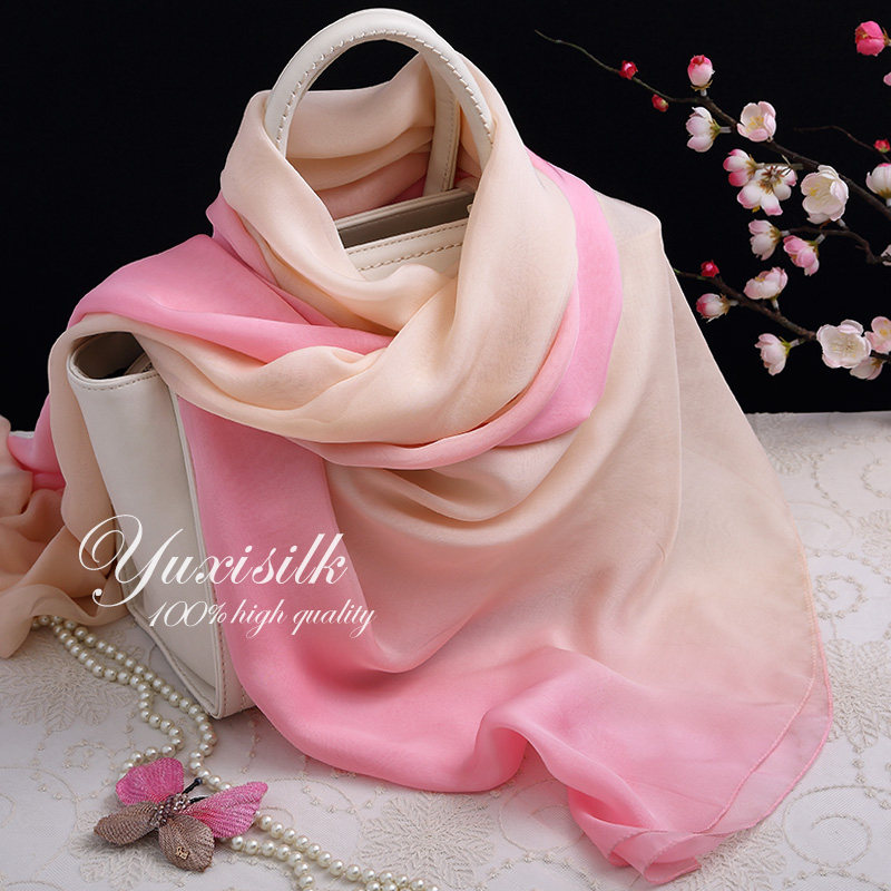 粉色渐变色100i%桑蚕丝长款真丝丝巾围巾女纱巾披肩春秋冬夏季百