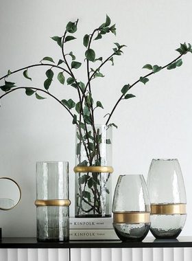 Best west 轻奢冷灰色金边透明玻璃花 家居玄关客厅装饰品摆件