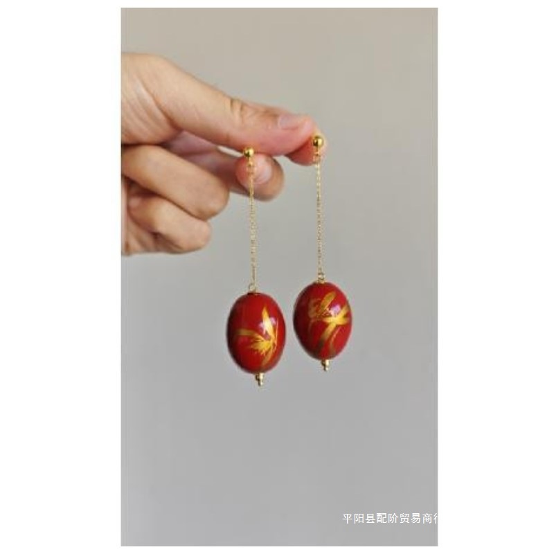 原创大漆描金手绘兰花耳环