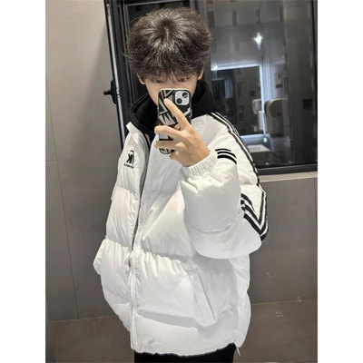 美式拼接三条杠羽绒棉服男