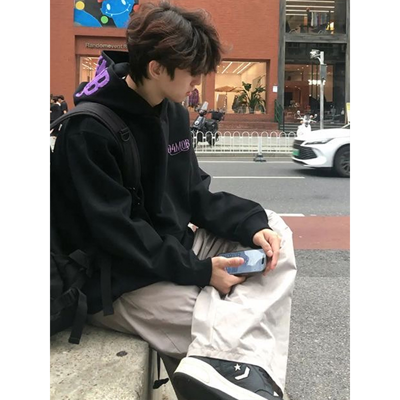 美式高街植绒字母刺绣连帽卫衣男