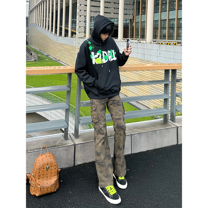 美式高街葡萄网球植绒刺绣连帽卫衣男宽松百搭休闲慵懒风ins上衣