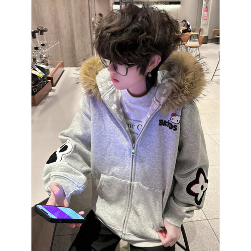 美式kitty猫毛领连帽拉链卫衣男