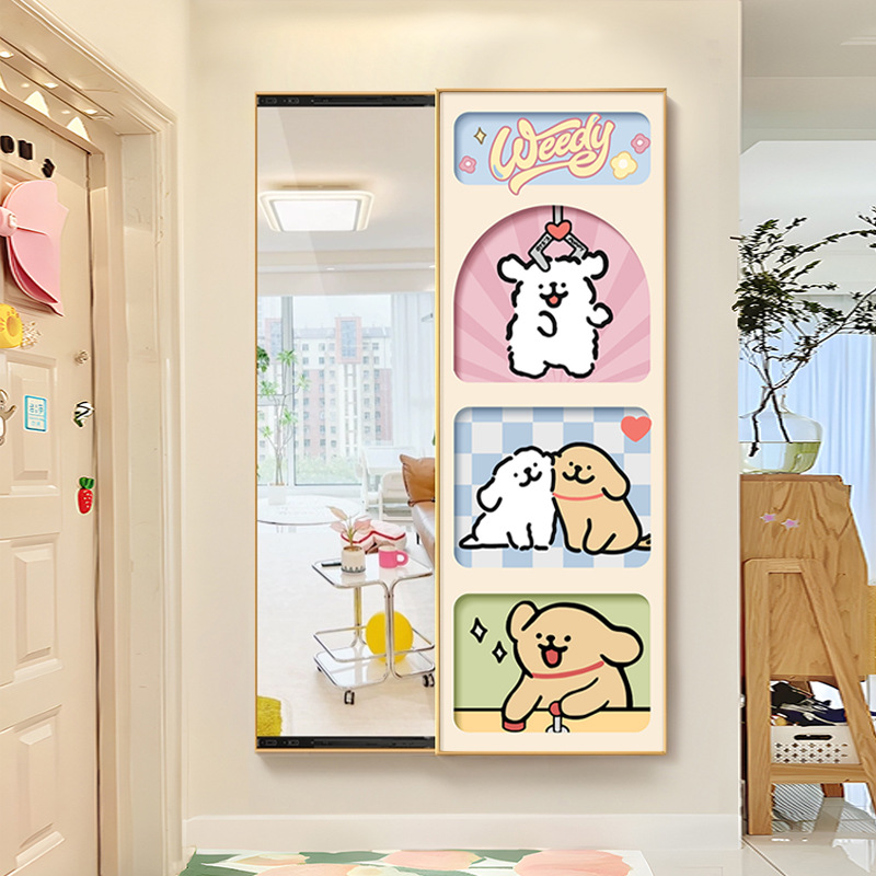彩色线条小狗推拉全身镜玄关装饰画可关闭隐藏式隐形穿衣镜子壁画