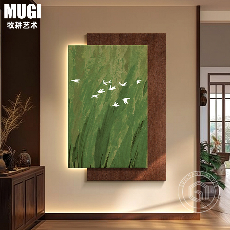 玄关装饰画法式中古风绿色飞鸟走廊入户正对门客厅沙发背景墙挂画