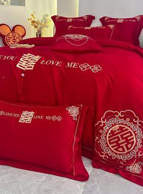 WZ7新中式10长绒棉结婚四件套大红色喜被F77J77HT0陪B嫁床婚庆纯