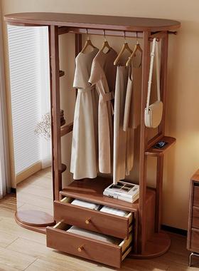 体实木衣ORU试可帽架带穿衣镜旋转家用卧室衣镜挂衣架一储物柜置