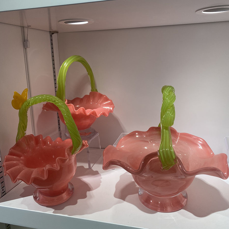 中古拼色提壶花篮花器法式手工琉璃玻璃花瓶插花提蓝花盆摆件