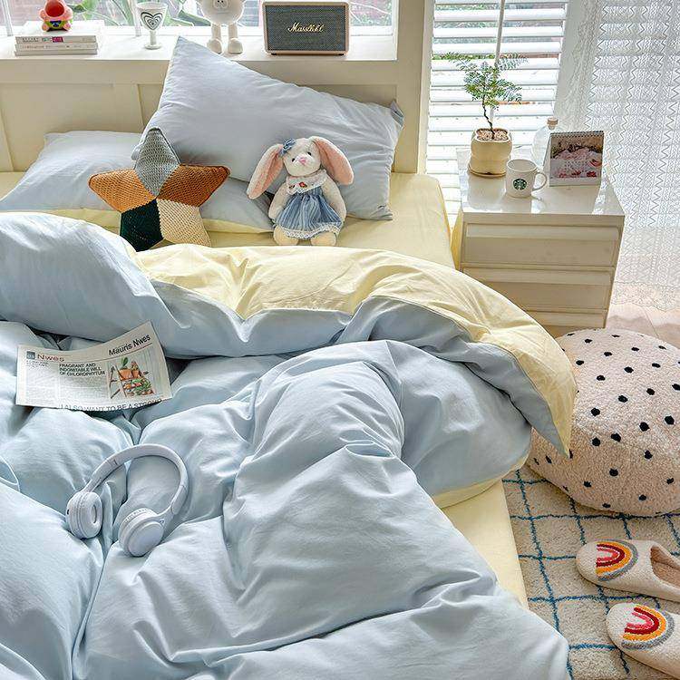 奶油F976S95M风色拼床上四件套床套单三件宿舍学生纯棉款被套纯色