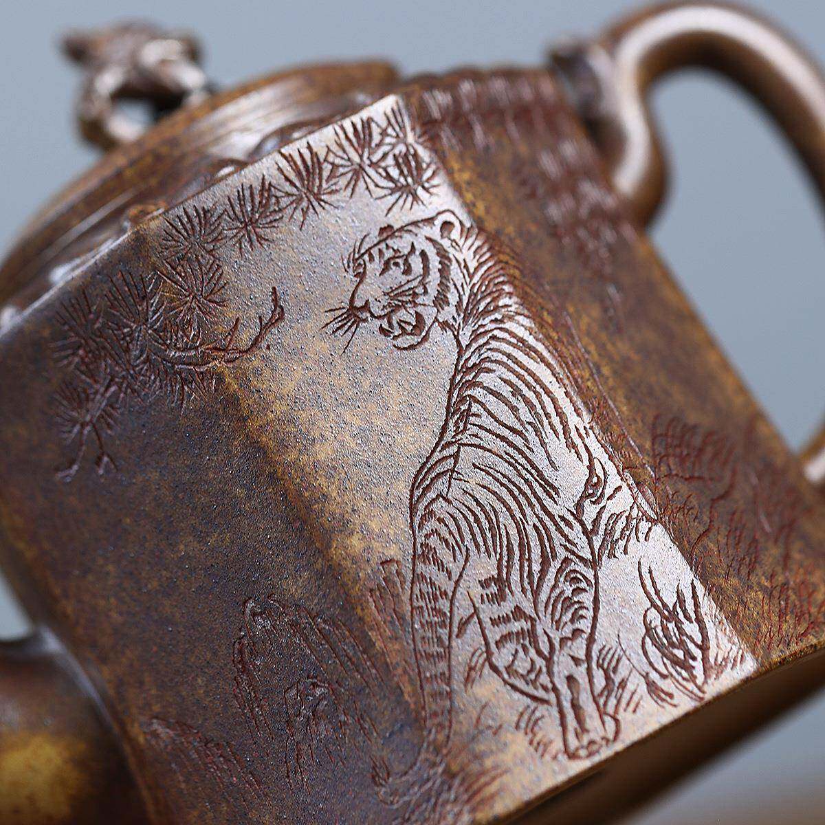 龙虎柴烧大容量手工刻画茶壶兴紫砂壶工GIT堂直播钟供金货源宜头