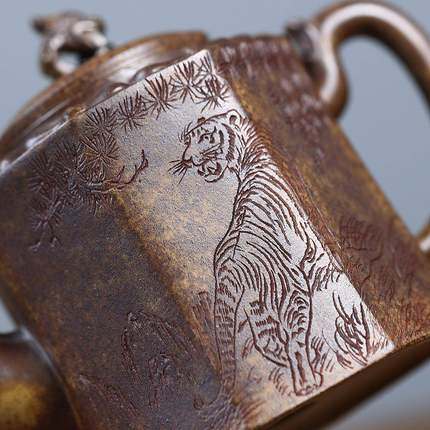 龙虎柴烧大容量手工刻画茶壶兴紫砂壶工GIT堂直播钟供金货源宜头