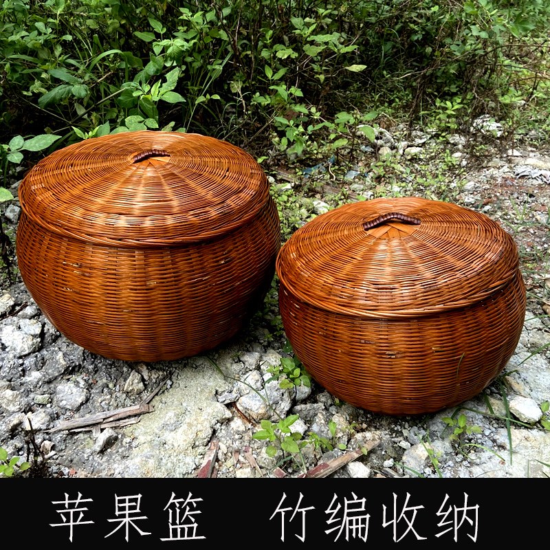 竹编制品带盖鸡蛋竹篮圆形编织装馒头竹筐编织收纳盒竹篓