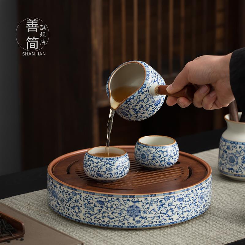 善简黄汝窑缠枝莲自动茶具套装家用功夫茶具茶道懒人旋转壶泡茶器