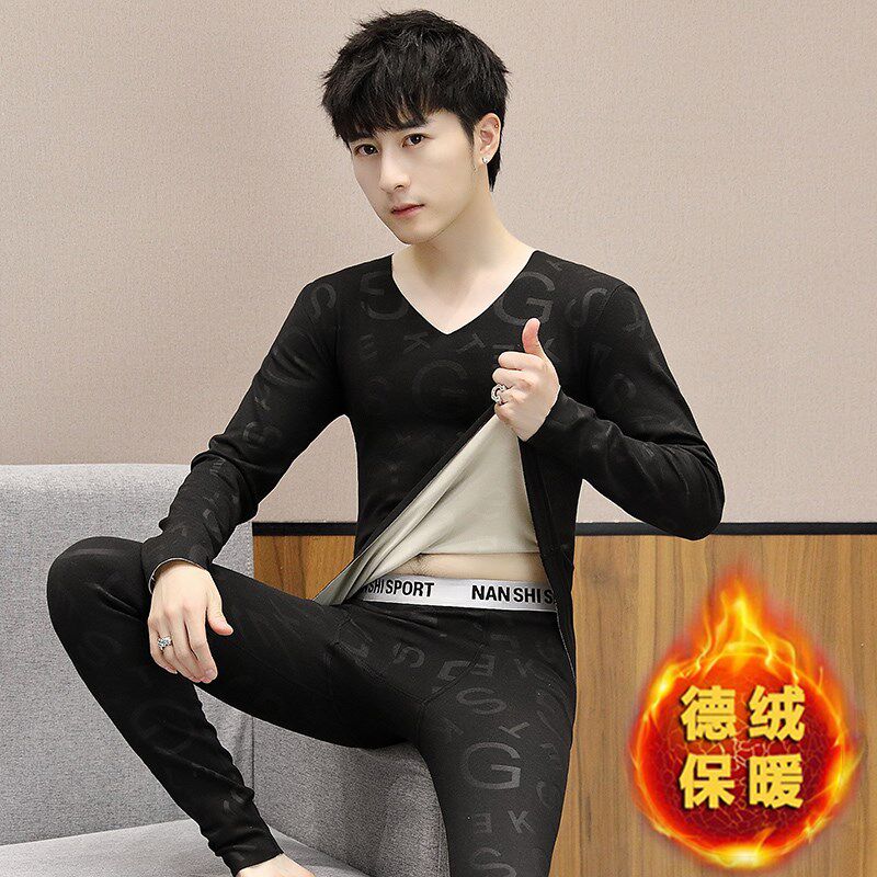 德绒保暖内衣套装男士秋衣秋裤男青年学生无痕德荣衬衣衬裤青少年