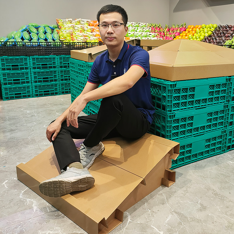 水果店超市陈列轻便假底斜坡纸板货架可移动便携纸质中岛展示货架