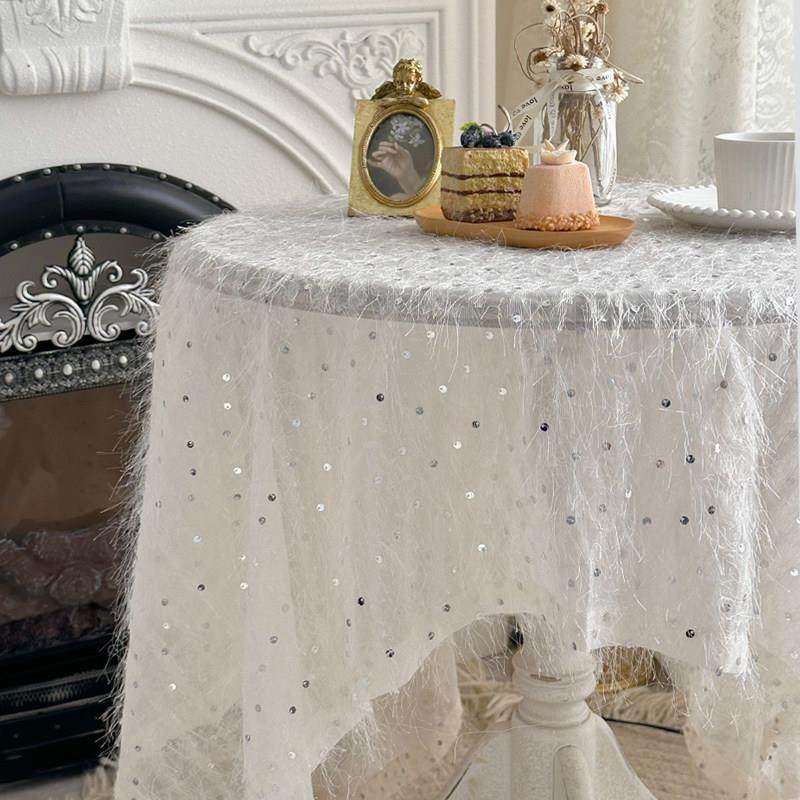 法式奶油风小众亮片流苏毛毛高级感桌布中古风茶几床头盖巾布装饰,居家布艺,桌布,淘宝优惠券,粉丝福利购,淘宝优惠卷