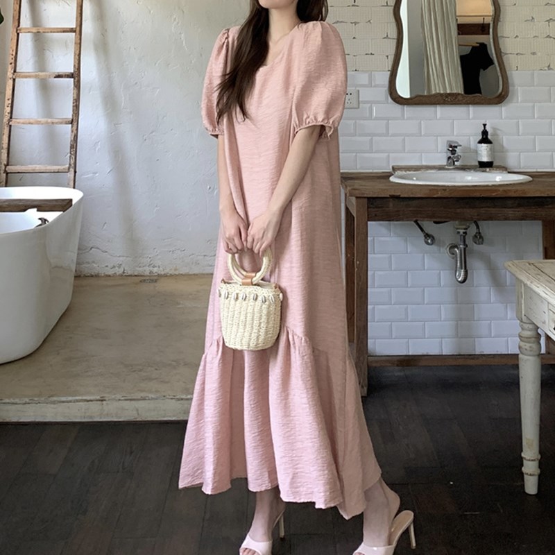 高级感茶歇气质T恤长裙女夏鱼尾裙拼H接宽松显瘦超长款过膝连衣裙