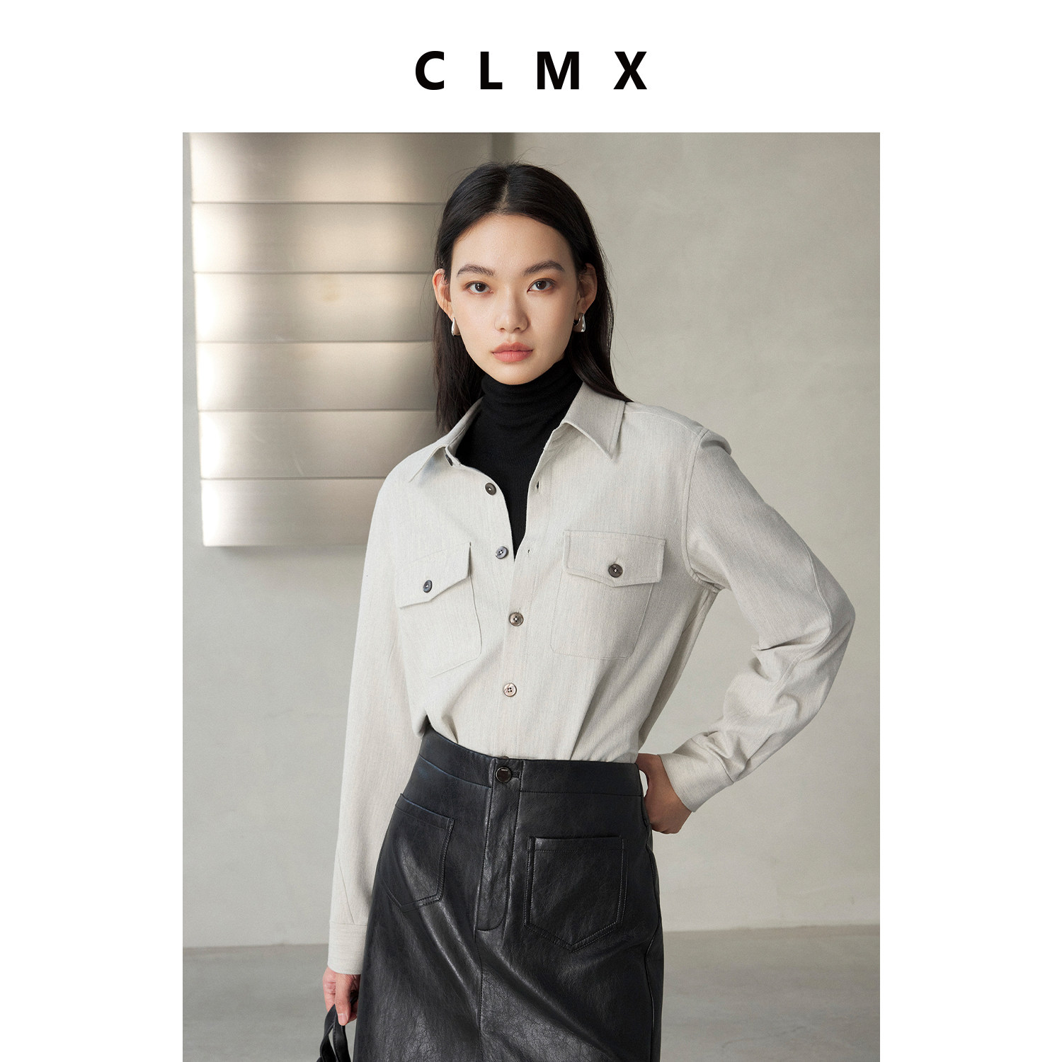 CLMX双面拉绒醋酸莫代尔混纺平纹面料轻工装风贴袋翻领长袖衬衫
