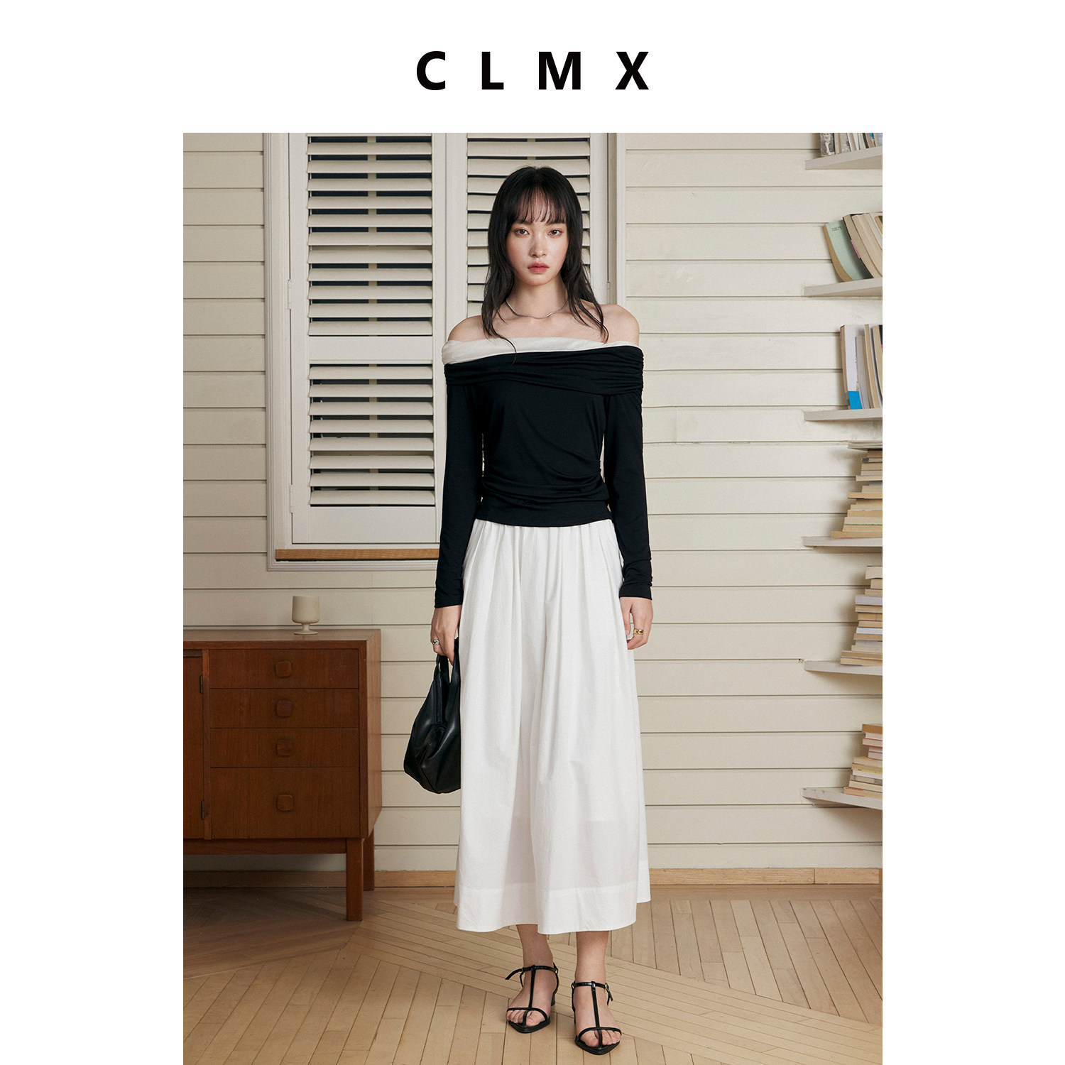 CLMX法式莱赛尔一字领露肩长袖T恤女春季高级气质修身针织衫上衣