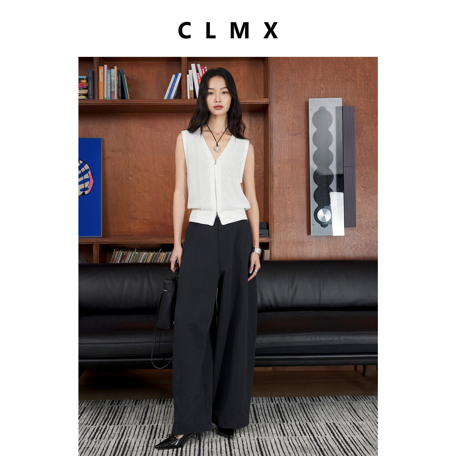 CLMX老钱风纯色叠穿修身气质无袖上衣女春夏高级V领拉链针织背心