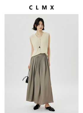 CLMX简约纯色长裙醋酸面料轻盈有垂感彰显慵懒松弛压褶半身裙