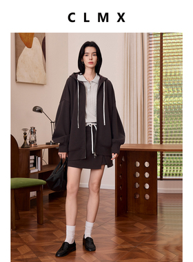 CLMX秋季宽松休闲两件套羊毛混纺复合针织布抽绳外套/拼接裙裤女