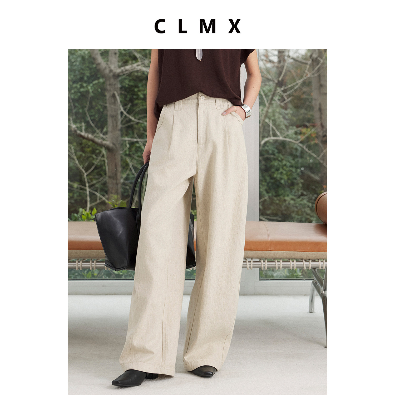 CLMX老钱风苎麻棉慵懒垂阔纯色休闲裤女春季通勤高级宽松长裤子